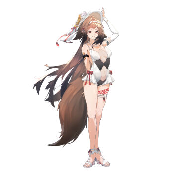 1girl absurdres alternate_costume animal_ear_fluff animal_ears arm_up armlet bare_shoulders black_one-piece_swimsuit bracelet breasts brown_tail bubuqiu closed_mouth clover clover_hair_ornament collarbone commentary_request droopy_ears frilled_one-piece_swimsuit frills full_body hair_ornament hairband hat highres jewelry leg_tattoo looking_at_viewer medium_breasts navel necklace one-piece_swimsuit open-toe_shoes pearl_necklace red_eyes shoes simple_background solo sun_hat swimsuit tail tattoo thigh_strap two-tone_swimsuit umbrella white_background white_hairband white_hat white_one-piece_swimsuit white_shoes ye_shunguang zenless_zone_zero