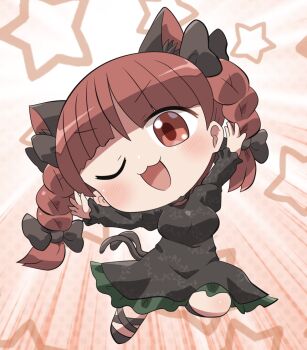 1girl :3 ;d animal_ear_fluff animal_ears ankle_lace-up black_dress black_shoes blunt_bangs blush braid breasts cat_ears cat_girl cat_tail chibi chibi_only commentary dress frilled_dress frills full_body highres juliet_sleeves kaenbyou_rin long_hair long_sleeves looking_at_viewer multiple_tails one_eye_closed open_mouth outstretched_arms puffy_sleeves red_eyes red_hair rokugou_daisuke shoes signature smile solo spread_arms star_(symbol) tail touhou twin_braids two_tails