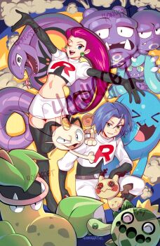 1boy 1girl 40nugget arbok black_boots black_gloves boots cacnea gen_1_pokemon gen_2_pokemon gen_3_pokemon gen_7_pokemon gloves happy highres james_(pokemon) jessie_(pokemon) mareanie meowth mimikyu nintendo one_eye_closed pokemon pokemon_(anime) pokemon_(classic_anime) pokemon_(creature) smoke team_rocket team_rocket_uniform thigh_boots victreebel weezing wobbuffet
