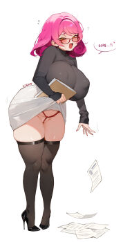 1girl artist_name black_shirt black_shoes black_thighhighs blush breasts clothes_lift commentary_request covered_erect_nipples curly_hair eden_(shiroki_yuutsu) fang fingernails full_body glasses highres huge_breasts lifting_own_clothes long_sleeves looking_at_viewer nail_polish open_mouth original paper red-framed_eyewear red_nails shibari shirt shoes short_hair simple_background skin_fang skirt skirt_lift solo speech_bubble standing thick_thighs thighhighs thighs vanilla_(eden_(shiroki_yuutsu)) white_background white_skirt yellow_eyes