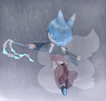 1boy alternate_costume animal_ears black_panties black_socks butt_crack chibi chibi_only clothing_cutout detached_sleeves facing_away final_fantasy final_fantasy_vii final_fantasy_vii:_ever_crisis flying fox_boy fox_ears full_body grey_hair hattouissenbaka highres japanese_clothes kemonomimi_mode kitsune leg_up male_focus multiple_tails night outdoors outstretched_arms panties rain sandals sephiroth sephiroth_(ever_crisis) shide short_hair side-tie_panties side_slit socks solo tail tail_through_clothes translation_request underwear wide_sleeves