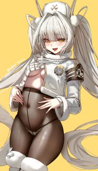 1girl blanc_(nikke) blanc_(white_rabbit)_(nikke) blush boots breasts covered_navel cowboy_shot hat jacket jindogod long_hair long_sleeves looking_at_viewer medium_breasts no_bra open_mouth panties panties_under_pantyhose pantyhose pom_pom_(clothes) simple_background smile solo standing thigh_boots twintails underboob underwear very_long_hair white_boots white_hair white_hat white_jacket white_nails white_panties yellow_background yellow_eyes