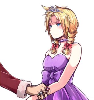 Rule 34 | 2boys, bare shoulders, blonde hair, blue eyes, blush, bow, braid, choker, cloud strife, coat, crossdressing, crossdressing (mtf), don corneo, dress, dress bow, final fantasy, final fantasy vii, frown, fur-trimmed coat, fur trim, furrowed brow, hair bow, highres, holding another's wrist, jewelry, male focus, medium hair, multiple boys, multiple rings, nanao (zonzonsh), parted bangs, pendant choker, pink bow, purple choker, purple dress, red coat, ring, spiked hair, strapless, strapless dress, sweatdrop, tiara, twin braids, upper body, white background