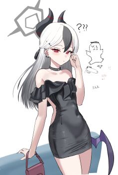 Rule 34 | 1girl, ?, ??, alternate costume, bad arca.live id, bad id, bag, bare shoulders, black choker, black dress, black horns, black nails, blue archive, blush, chibi, chibi inset, choker, closed mouth, clutch purse, collarbone, covered navel, demon horns, doodle sensei (blue archive), dress, earrings, frilled dress, frills, grey halo, halo, hand up, handbag, highres, horns, jewelry, kayoko (blue archive), long hair, looking at viewer, low wings, mole, mole on collarbone, multicolored hair, nail polish, purple wings, red eyes, sensei (blue archive), sideless dress, single wing, solo focus, streaked hair, two-tone hair, white background, white hair, whoning1, wings