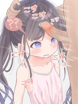 1boy 1girl ? ?? blue_eyes blunt_bangs blush brown_hair clothed_female_nude_male clueless collarbone furrowed_brow hand_on_another's_head highres japanese_text loli long_sidelocks matthew_(yo_matthew) motion_lines nude open_mouth original penis penis_on_face pink_shirt shirt sidelocks simple_background translation_request twintails variant_set wavy_mouth white_background