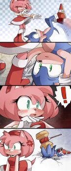 ! 1boy 1girl 4koma amy_rose anger_vein animal_ears animal_nose bare_shoulders blush body_fur boots bracelet breasts comic dress dress_tug embarrassed falling furry furry_female furry_male gloves gold_bracelet green_eyes hairband hammer hedgehog highres holding holding_hammer jewelry open_mouth pink_fur red_dress red_hairband scruffyart sega shoes sleeveless sleeveless_dress smile sonic_(series) sonic_the_hedgehog stepped_on sweat tail upside-down white_gloves