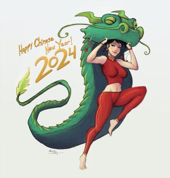 1girl 2024 barefoot black_hair breasts chinese_new_year crop_top devilhs dragon earrings eastern_dragon english_text highres jewelry large_breasts looking_at_viewer midriff navel original pants red_pants red_shirt shirt signature simple_background sleeveless sleeveless_shirt solo sphere_earrings white_background