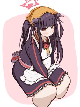 1girl apron back_bow between_legs black_dress black_hair blue_archive blush bow dress frilled_apron frills fuuka_(blue_archive) hair_on_horn halo hand_between_legs headscarf highres horns long_hair plump ponytail red_eyes sash sitting solo wawawaltz white_apron yellow_headscarf