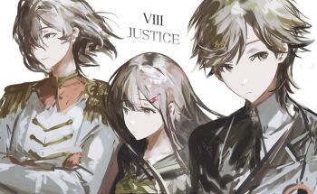 1girl 2boys akechi_gorou amada_ken black_jacket black_ribbon black_sailor_collar brown_eyes brown_hair closed_mouth commentary_request crossed_arms crow_(persona_5) doujima_nanako english_text epaulettes flipped_bangs floating_hair frown hair_ornament hair_over_one_eye hairclip jacket k1kiwa long_hair looking_ahead looking_at_viewer multiple_boys neckerchief parted_lips persona persona_3 persona_4 persona_4:_the_ultimate_in_mayonaka_arena persona_4:_the_ultimax_ultra_suplex_hold persona_5 portrait ribbon roman_numeral sailor_collar school_uniform shirt short_hair simple_background trait_connection white_background white_shirt yasogami_school_uniform yellow_neckerchief