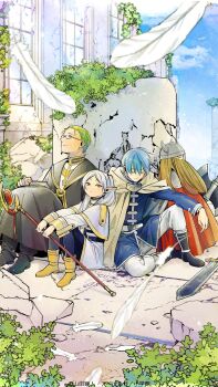 1girl 3boys abe_tsukasa axe battle_axe beard black_boots black_pantyhose blonde_hair blue_hair blue_shirt blue_sky book boots cape closed_eyes closed_mouth cloud cloudy_sky commentary_request copyright_logo cover cover_page day dress dwarf eisen_(sousou_no_frieren) elf facial_hair fake_horns falling_feathers feathers frieren full_beard green_hair heiter helmet highres himmel_(sousou_no_frieren) holding holding_axe holding_staff horned_helmet horns knees_up logo long_beard looking_at_viewer looking_to_the_side manga_cover moss multiple_boys official_art outdoors pantyhose pointy_ears priest red_cape ruins shirt sitting sky sousou_no_frieren staff sword textless_version weapon white_cape white_dress white_feathers yellow_boots