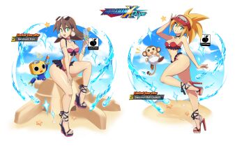 2girls absurdres alternate_costume arched_back arm_up artist_logo artist_name ass bikini black_footwear blonde_hair blue_sky breasts brown_eyes cloud cloudy_sky commentary data_(mega_man) day earrings english_commentary english_text eyelashes eyewear_on_head feet food frilled_bikini frills fruit full_body glass green_eyes hand_up high_heels highres holding jewelry knee_up legs linkartoon logo long_hair medium_breasts medium_hair mega_man_(series) mega_man_legends_(series) mega_man_x_(series) mega_man_x_dive monkey multiple_girls orange_(fruit) orange_slice outdoors platform_footwear platform_heels purple_bikini red_bikini red_footwear red_headwear roll_caskett_(mega_man) sand_sculpture servbot_(mega_man) shadow sitting sky standing standing_on_one_leg strapless strapless_bikini strappy_heels sunglasses swimsuit thighs toenails toes tron_bonne_(mega_man) visor_cap