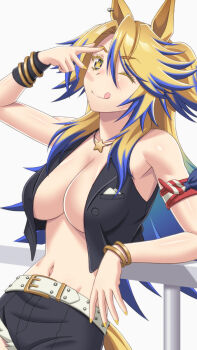 1girl american_flag american_flag_print animal_ears asymmetrical_pants bandana_around_arm bare_shoulders belt black_pants black_shirt blonde_hair blue_eyes blue_hair blush bracelet breasts cleavage closed_mouth commentary_request flag_print highres horse_ears horse_girl horse_tail jewelry large_breasts leaning_back long_hair looking_at_viewer multicolored_hair navel necklace norizou obey_your_master_(umamusume) one_eye_closed open_clothes open_shirt pants shirt simple_background smile solo star-shaped_pupils star_(symbol) star_necklace stomach symbol-shaped_pupils tail tongue tongue_out two-tone_hair umamusume umamusume:_cinderella_gray upper_body w white_belt yellow_nails