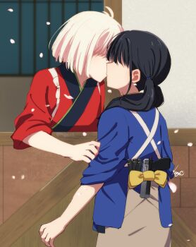 2girls absurdres black_hair blonde_hair blue_kimono cherry_blossoms commentary couple english_commentary faceless faceless_female falling_petals gun handgun highres inoue_takina japanese_clothes kage_ochi kimono kiss lycoris_recoil magazine_(weapon) multiple_girls nishikigi_chisato no_eyes petals red_kimono short_hair smith_&amp;_wesson_m&amp;p twintails weapon yuri
