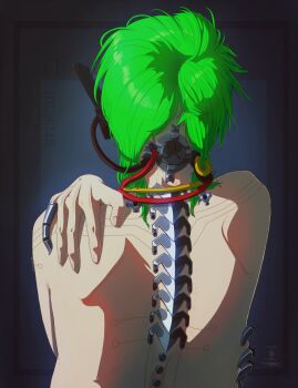 Rule 34 | absurdres, anime coloring, bare shoulders, computer chip, cyberpunk, cyborg, electrical outlet, florian bowie (suveramort), green hair, hearing aid, highres, industrial, loose wires, mechanical spine, original, prosthesis, prosthetic arm, prosthetic finger, skinny, wire