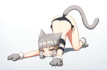 1girl alten anal_beads anal_tail animal_ears animal_hands black_panties butt_plug cat_ears cat_girl cat_tail commentary english_commentary eyelashes fake_tail full_body fur-trimmed_gloves fur_trim gloves grey_gloves grey_hair grin highres looking_at_viewer nia_(xenoblade) panties paw_gloves simple_background smile solo tail top-down_bottom-up underwear white_background xenoblade_chronicles_(series) xenoblade_chronicles_2 yellow_eyes