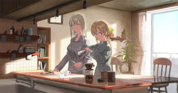 2girls alternate_costume aqua_eyes blonde_hair blue_eyes book bookshelf bottle bread bread_slice breakfast breasts buttons cabinet chair clock coffee coffee_pot collared_shirt commentary counter cross cup curtains disposable_coffee_cup disposable_cup egg_(food) faucet food fried_egg fried_egg_on_toast fujibejifu graf_zeppelin_(kancolle) grey_eyes grey_shirt hair_between_eyes holding holding_pot indoors iron_cross kantai_collection long_hair long_sleeves low_twintails multiple_girls plant plate pot potted_plant prinz_eugen prinz_eugen_(kancolle) railing shadow shirt sidelocks sink slice_of_life smile steam sticky_note table toast tree twintails wall_clock window