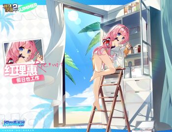 1girl bare_legs bare_shoulders barefoot beach benghuai_xueyuan blue_eyes character_name closed_mouth copyright_name full_body hairband honkai_(series) indoors ladder logo long_hair ocean official_art on_ladder one-piece_swimsuit pink_hair rie_wit_(benghuai_xueyuan) second-party_source shelf shirt solo swimsuit water white_shirt wind window