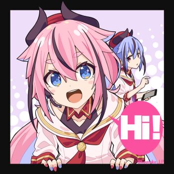 2others :d a.i._voice bare_shoulders beret black_border black_horns black_streaks blue_eyes blue_hair border cellphone collarbone double-parted_bangs dress gradient_necktie gynoid_talk halftone halftone_background hat headset holding holding_phone horned_hat horns jitome long_hair looking_at_viewer low_twintails meika_hime meika_mikoto multicolored_hair multiple_others necktie open_mouth outside_border parted_lips phone pink_hair puffy_sleeves purple_background red_eyes red_hat red_necktie sailor_collar short_eyebrows sidelocks smartphone smile sparkling_eyes speech_bubble streaked_hair teeth thick_eyebrows three-quarter_sleeves twintails twitter_username two-tone_background upper_teeth_only very_long_hair white_background white_dress yanagita_kousuke