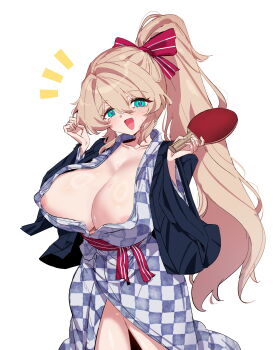1girl :d absurdres aqua_eyes areola_slip black_jacket blonde_hair blue_kimono bow breasts checkered_clothes checkered_kimono cleavage collarbone commentary cowboy_shot double-parted_bangs english_commentary hair_between_eyes hair_bow hands_up highres huge_breasts jacket japanese_clothes kimono long_hair long_sleeves looking_at_viewer notice_lines open_clothes open_jacket open_mouth original paddle ponytail rayno red_bow simple_background smile solo sweat table_tennis_paddle white_background wide_sleeves yukata