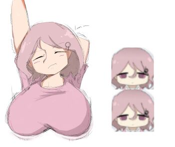 1girl arm_up arms_up breasts closed_eyes closed_mouth hair_between_eyes highres huge_breasts mogawa_(shimeji_simulation) pink_eyebs pink_hair pink_shirt shimeji_simulation shirt stretching swadac30 upper_body white_background