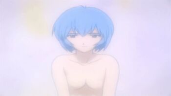 1girl animated animated_gif anime_screenshot ayanami_rei blue_hair breasts collarbone completely_nude looking_at_viewer neon_genesis_evangelion no_nipples nude red_eyes short_hair small_breasts smile solo