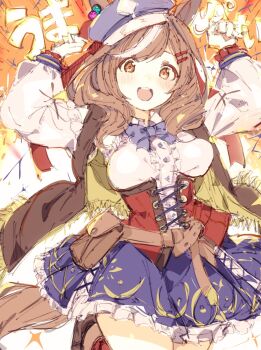 Rule 34 | 1girl, animal ears, arms up, belt, belt bag, blue bow, blue bowtie, blue hat, blush, bow, bowtie, breasts, brown eyes, brown hair, gorirago, hair ornament, hairclip, hat, highres, horse ears, horse girl, horse tail, long hair, matikanetannhauser (umamusume), medium breasts, multicolored hair, open mouth, solo, sparkle, streaked hair, tail, teeth, umamusume, umapyoi (phrase), upper teeth only, white hair