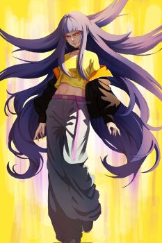 1girl belt blunt_bangs boruto:_two_blue_vortex choker commentary corrupted_twitter_file crop_top cropped_shirt drawink facial_mark grey_pants highres jacket long_hair midriff naruto_(series) navel off_shoulder pants pink_belt purple_hair red_eyes serious shirt solo t-shirt uzumaki_himawari very_long_hair watermark whisker_markings