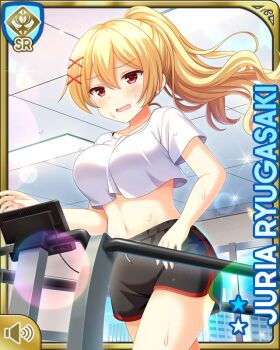 1girl black_shorts blonde_hair bra card_(medium) character_name day girlfriend_(kari) gym indoors official_art open_mouth qp:flapper red_bra red_eyes running ryugasaki_juria shirt shorts sleepy tagme underwear wavy_mouth white_footwear white_shirt