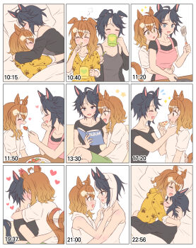 Rule 34 | 2girls, absurdres, ahoge, animal ears, apron, black hair, black shirt, blue eyes, blush, book, brown eyes, brown hair, brushing teeth, camisole, closed eyes, commentary request, cuddling, cup, feeding, food, food art, fuji kiseki (umamusume), grey camisole, hand on another's waist, heart, highres, holding, holding book, holding cup, holding food, holding pizza, holding toothbrush, horse ears, horse girl, horse tail, hug, hug from behind, jungle pocket (umamusume), kiss, korean commentary, long hair, morning, multiple girls, off shoulder, pillow, pink apron, pizza, reading, shirt, short hair, sitting, sitting on lap, sitting on person, smile, tail, tail wagging, tako-san wiener, toothbrush, towel, towel on head, umamusume, under covers, waking up, white shirt, white streaks, yellow shirt, youngyangtang, yuri