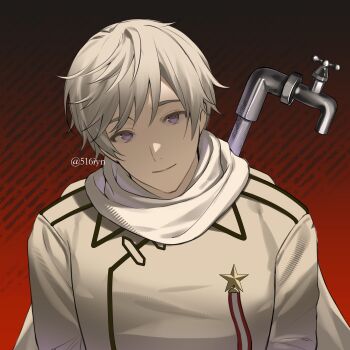 1boy 516iyn absurdres artist_name axis_powers_hetalia black_background closed_mouth coat collared_coat commentary_request gradient_background grey_hair hair_between_eyes highres lead_pipe long_sleeves looking_at_viewer male_focus medal purple_eyes red_background russia_(hetalia) scarf short_hair smile solo star_ornament striped_background upper_body white_coat white_scarf