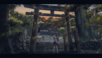 1girl absurdres architecture black_skirt blunt_bangs brown_footwear building closed_mouth commentary_request east_asian_architecture evening film_grain forest furude_rika highres higurashi_no_naku_koro_ni hime_cut holding holding_mask huge_filesize kneehighs leaf letterboxed mask nature noh_mask overall_skirt overalls purple_eyes purple_hair rope scenery shimekake shimenawa shine shirt short_sleeves shrine signature skirt sky smile socks solo stairs standing torii tree white_shirt white_socks