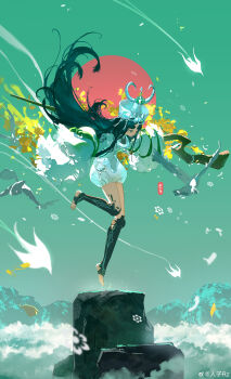 1girl artist_request bird hat long_hair mountain no_shoes original outstretched_arms sleeves_past_fingers sleeves_past_wrists sun very_long_hair watermark weibo_watermark