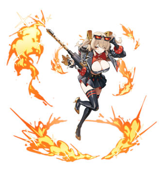 Rule 34 | 1girl, absurdres, black skirt, black thighhighs, blonde hair, breasts, burnice white, cleavage, eyewear on head, fire, flamethrower, full body, goeleu, highres, holding, holding flamethrower, holding weapon, large breasts, long sleeves, one eye closed, shoes, simple background, skirt, smile, solo, sunglasses, thighhighs, thighs, twintails, weapon, white background, yellow shoes, zenless zone zero, zettai ryouiki