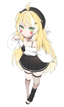 :3 absurdres beret bird black_nails black_skirt blonde_hair choker eyelashes feather_hair fishnet_thighhighs fishnets goth_fashion green_eyes hair_ornament hat highres indie_virtual_youtuber inis_(vtuber) nekoromancer o-ring o-ring_choker off_shoulder open-toe_shoes petite pointing pointing_at_self pom_pom_(clothes) pom_pom_hair_ornament red_facepaint sharp_toenails shirt skirt smirk thighhighs toenails virtual_youtuber white_shirt white_streaks x_hair_ornament