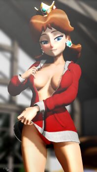 1girl absurdres areola_slip biting_own_lip blue_eyes breasts cleavage clothes_lift highres large_breasts legs lifting_own_clothes mario_(series) naughty_face nintendo no_bra panties pantyshot princess_daisy pulling_own_clothes smile solo thighs thong top_pull underwear undressing virtuablueam2