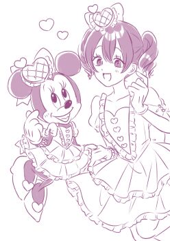Rule 34 | 1girl, absurdres, animal ears, aoiyuuna 811, bow, disneyland, dress, dual persona, gloves, hair bow, highres, humanization, looking at viewer, mickey mouse &amp; friends, minnie mouse, mouse ears, open mouth, personification, polka dot, polka dot dress, polka dot skirt, shirt, short hair, skirt, smile, white gloves