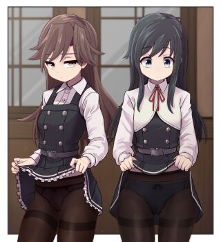 2girls arashio_(kancolle) arashio_kai_ni_(kancolle) asashio_(kancolle) asashio_kai_ni_(kancolle) black_dress black_hair black_panties black_pantyhose blue_eyes blue_panties bow bow_panties bowtie brown_eyes brown_hair buttons closed_mouth clothes_lift dress dress_lift embarrassed highres indoors kantai_collection lifting_own_clothes long_sleeves multiple_girls neck_ribbon panties panties_under_pantyhose pantyhose pinafore_dress pleated_dress red_bow red_bowtie red_ribbon ribbon shirt shirt_lift skirt skirt_lift sleeveless sleeveless_dress thighband_pantyhose unagiman underwear white_shirt window