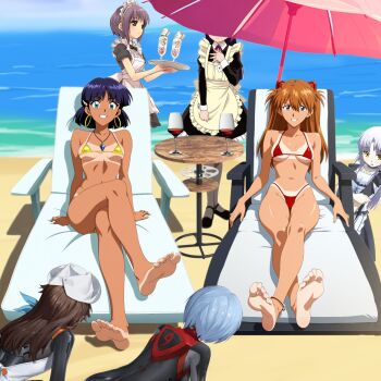6+girls all_fours alternate_costume angel_beats! anklet apron ass ayanami_rei barefoot bdsm beach beach_chair beach_umbrella bikini black_bodysuit black_hair blue_eyes blue_hair bodysuit bowing breasts brown_eyes brown_hair chair cleavage crossed_ankles crossed_legs crossover cup dark-skinned_female dark_skin day dress drinking_glass earrings enmaided feet femdom food foot_focus foot_worship frills fushigi_no_umi_no_nadia gokou_ruri gold_bikini grey_hair hair_ornament happy hat headdress heat highres holding hoop_earrings hot human_furniture humiliation ice_cream jewelry kneeling kneeling_female kuudere large_breasts legs light-skinned_soles long_hair looking_at_viewer maid maid_apron maid_headdress mecha_pilot_suit medium_breasts micro_bikini multicolored_bodysuit multiple_crossover multiple_girls nadia_la_arwall nagato_yuki navel necklace neon_genesis_evangelion ocean open_mouth orange_hair ore_no_imouto_ga_konna_ni_kawaii_wake_ga_nai outdoors princess public_indecency purple_hair rebuild_of_evangelion red_bikini resting sad sand serving short_hair sitting sky slave small_breasts smile soles souryuu_asuka_langley summer sunbathing suzuhara_sakura suzumiya_haruhi_no_yuuutsu swimsuit tachibana_kanade tan tanline thong thong_bikini toenails toes tray tsundere umbrella underboob water wine_glass yellow_bikini yellow_eyes yuri