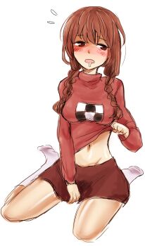Rule 34 | 1girl, absurdres, blush, braid, breasts, brown hair, clothes lift, drooling, female focus, highres, long hair, madotsuki, navel, pink shirt, pltrgst, red eyes, shirt, shirt lift, sitting, skirt, skirt tug, socks, solo, sweater, sweater lift, twin braids, yokozuwari, yume nikki