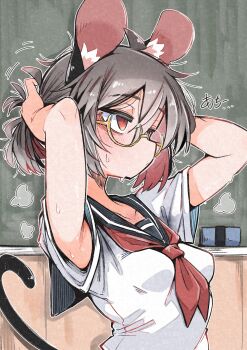 1girl absurdres adjusting_hair ahoge alternate_costume animal_ear_fluff animal_ears armpits ascot bespectacled blue_collar board_eraser breasts chalkboard collar commentary_request deal360acv glasses grey_hair highres jitome medium_breasts mouse_ears mouse_girl mouse_tail nazrin outline red_ascot red_eyes sailor_collar school_uniform serafuku shirt short_hair short_sleeves solo steam sweatdrop tail touhou translation_request upper_body white_outline white_shirt yellow-framed_eyewear