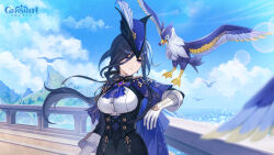 Rule 34 | 1girl, ascot, bird, black skirt, blue ascot, blue cape, blue hair, blue sky, breasts, cape, clorinde (genshin impact), cloud, corset, day, earrings, genshin impact, gloves, hat, highres, jewelry, long hair, medium breasts, official art, outdoors, parted lips, purple eyes, railing, shirt, skirt, sky, solo, tricorne, upper body, white gloves, white shirt