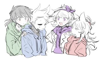 Rule 34 | 1boy, 3girls, animification, bad id, bad twitter id, blue hoodie, blush, cigar, coat, eddsworld, ell (eddsworld), green hoodie, grey eyes, hair bobbles, hair ears, hair ornament, hairband, hand on another's shoulder, hood, hood down, hoodie, inactive account, long hair, looking at another, matilda (eddsworld), multiple girls, nana (ebitokanimiso), open clothes, open coat, open mouth, partially colored, ponytail, purple eyes, purple hoodie, red eyes, red hoodie, short hair, simple background, sketch, smile, smoking, spiked hair, sweat, tom (eddsworld), tori (eddsworld), white background