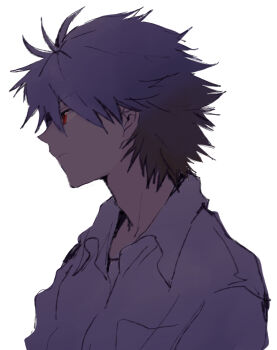 Rule 34 | 1boy, closed mouth, collared shirt, from side, grey hair, highres, looking ahead, male focus, nagisa kaworu, neon genesis evangelion, red eyes, school uniform, shirt, short hair, simple background, solo, tokyo-3 middle school uniform, upper body, white background, white shirt, yorumi1117