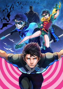 1boy bat_(animal) batman batman_(series) black_hair blue_eyes cape dc_comics dick_grayson domino_mask escrima_stick eye_mask gloves gradient_background green_footwear male_focus mask multiple_persona nightwing robin_(dc) shoes short_sleeves shuriken striped_background weapon