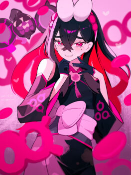 1girl 1other 46isou bare_shoulders black_dress black_hair blush bow breasts carmine_(pokemon) carmine_(sygna_suit)_(pokemon) crossed_bangs detached_sleeves dress gloves grin hair_between_eyes hair_bow hairband highres japanese_clothes lips long_hair long_sleeves looking_at_viewer mole mole_under_eye nintendo official_alternate_costume open_mouth pecharunt pokemon pokemon_(creature) pokemon_masters_ex purple_hairband skirt sleeveless sleeveless_dress smile teeth white_bow wide_hips yellow_eyes