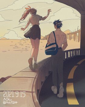 1boy 1girl absurdres aerith_gainsborough alternate_costume alternate_universe bag bare_legs black_hair braid braided_ponytail bridge brown_hair cloud cloudy_sky contemporary crisis_core_final_fantasy_vii dated final_fantasy final_fantasy_vii from_behind grey_pants hair_ribbon highres horizon long_hair looking_at_another miniskirt nul ocean outdoors pants pink_ribbon pleated_skirt ponytail ribbon school_uniform shirt shoes short_hair short_sleeves shoulder_bag skirt sky socks spiked_hair twitter_username walking white_shirt white_shoes white_socks zack_fair