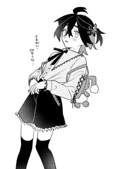 Rule 34 | 1boy, ahoge, androgynous, blush, buneary, character backpack, commentary request, crossdressing, crossdressing (mtf), crossed bangs, frilled shorts, frilled sleeves, frills, gen 4 pokemon, hair between eyes, hair ornament, highres, kieran (pokemon), kneehighs, looking at viewer, mole, mole on neck, monochrome, multicolored hair, naruse makoto, nintendo, one side up, open mouth, pokemon, pokemon sv, ribbon, short hair, shorts, socks, solo, two-tone hair