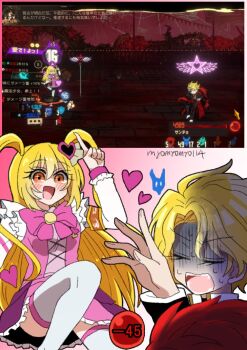 2girls artist_name black_jacket blonde_hair bow commentary_request don_quixote_(project_moon) dress dual_persona e.g.o_(project_moon) game_screenshot_inset gameplay_mechanics hair_ornament heart heart_hair_ornament in_the_name_of_love_and_hate_(e.g.o) jacket limbus_company long_hair long_sleeves multiple_girls myomyomyo114 open_mouth orange_eyes pink_bow pink_dress project_moon sancho_(project_moon) screenshot_inset short_hair thighhighs turn_pale twintails white_thighhighs wince