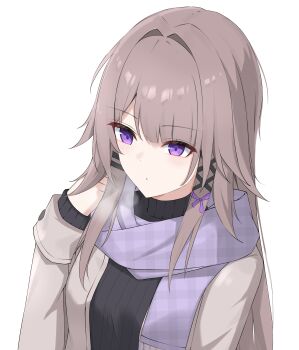 1girl absurdres black_sweater breasts brown_coat brown_hair coat commentary english_commentary hair_ribbon hand_in_own_hair hand_up herta_(honkai:_star_rail) highres honkai:_star_rail honkai_(series) long_hair medium_breasts nicel purple_eyes purple_scarf ribbon scarf simple_background solo sweater the_herta_(honkai:_star_rail) turtleneck turtleneck_sweater upper_body white_background winter_clothes