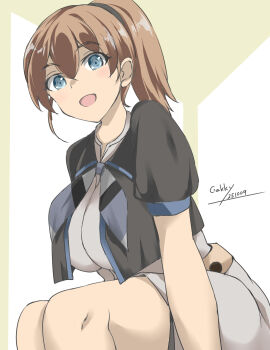 1girl black_shirt blue_eyes breasts brown_hair dress feet_out_of_frame gakky grey_dress grey_neckerchief high_side_ponytail highres intrepid_(kancolle) kantai_collection large_breasts looking_at_viewer neckerchief one-hour_drawing_challenge open_mouth shirt short_hair sitting smile solo